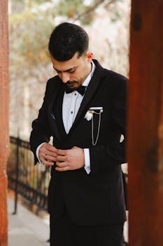A young man in a tuxedo buttoning his jacket outdoors, looking down.