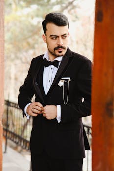 Elegant groom in black tuxedo adjusting suit outdoors. Perfect for wedding themes.