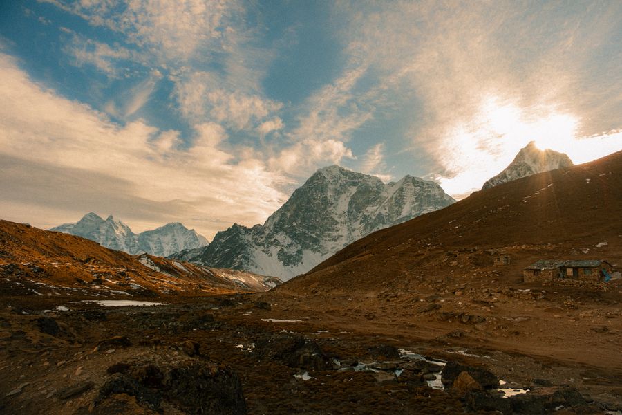 Breathtaking view of the Himalayas during sunset, capturing serene mountain landscapes.