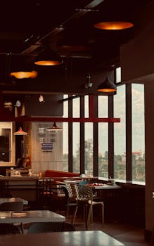 Warm and inviting restaurant interior with ambient lighting and cozy seating.