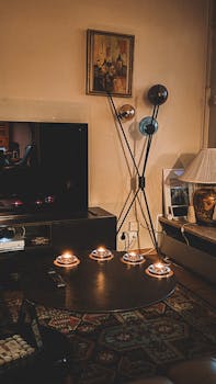 Warm and inviting living room with candles, stylish decor, and a modern floor lamp in Normandy, France.