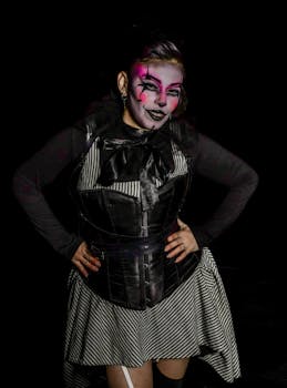 Woman in dramatic pink and black makeup with striped dress captured in vibrant lighting.