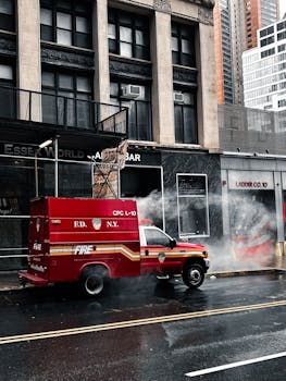 Red FDNY fire truck parked on a rainy New York City street with steam rising nearby.