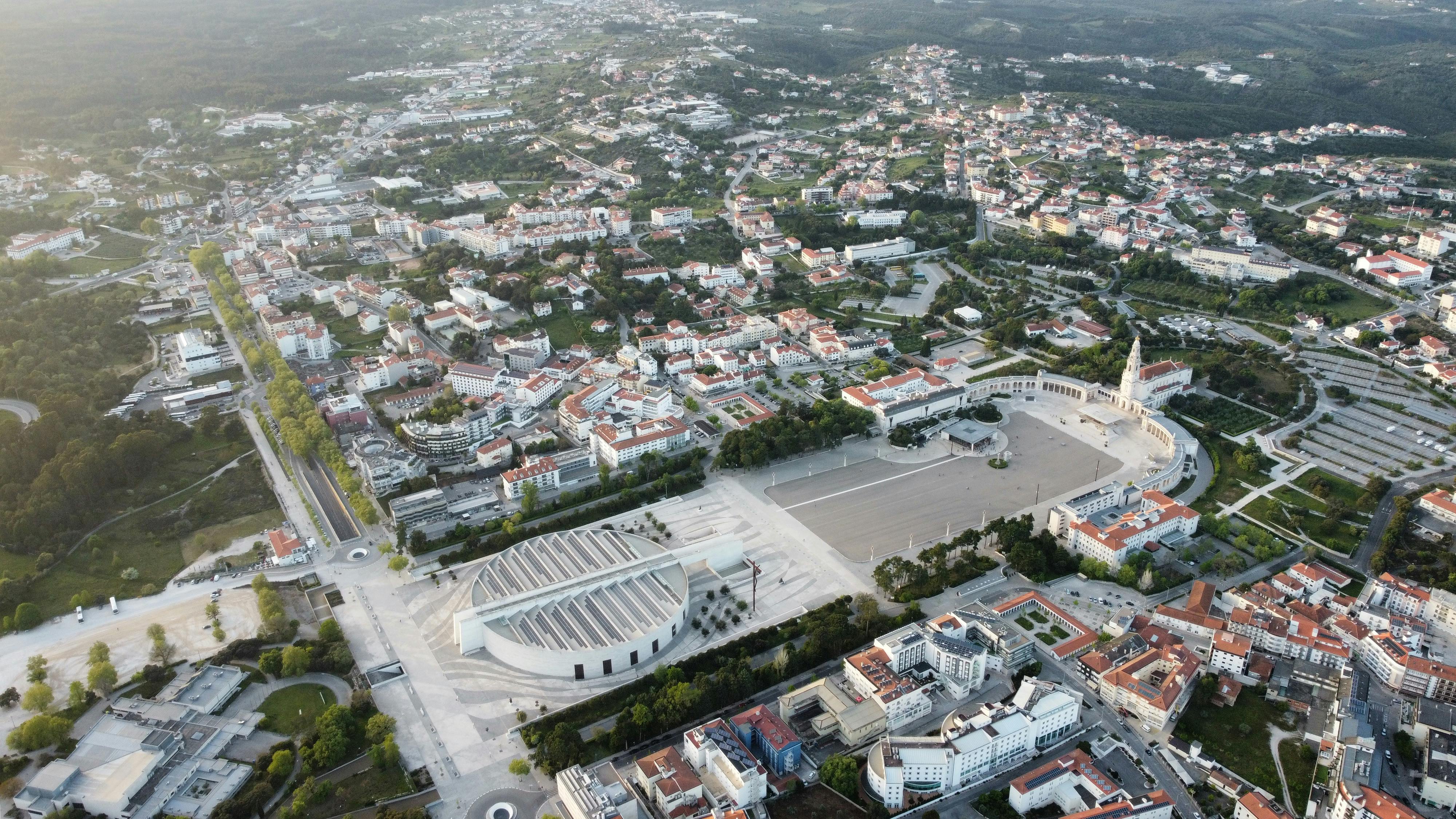 A breathtaking aerial view of the Fátima Sanctuary in Santarém, Portugal, showcasing its impressive architecture.