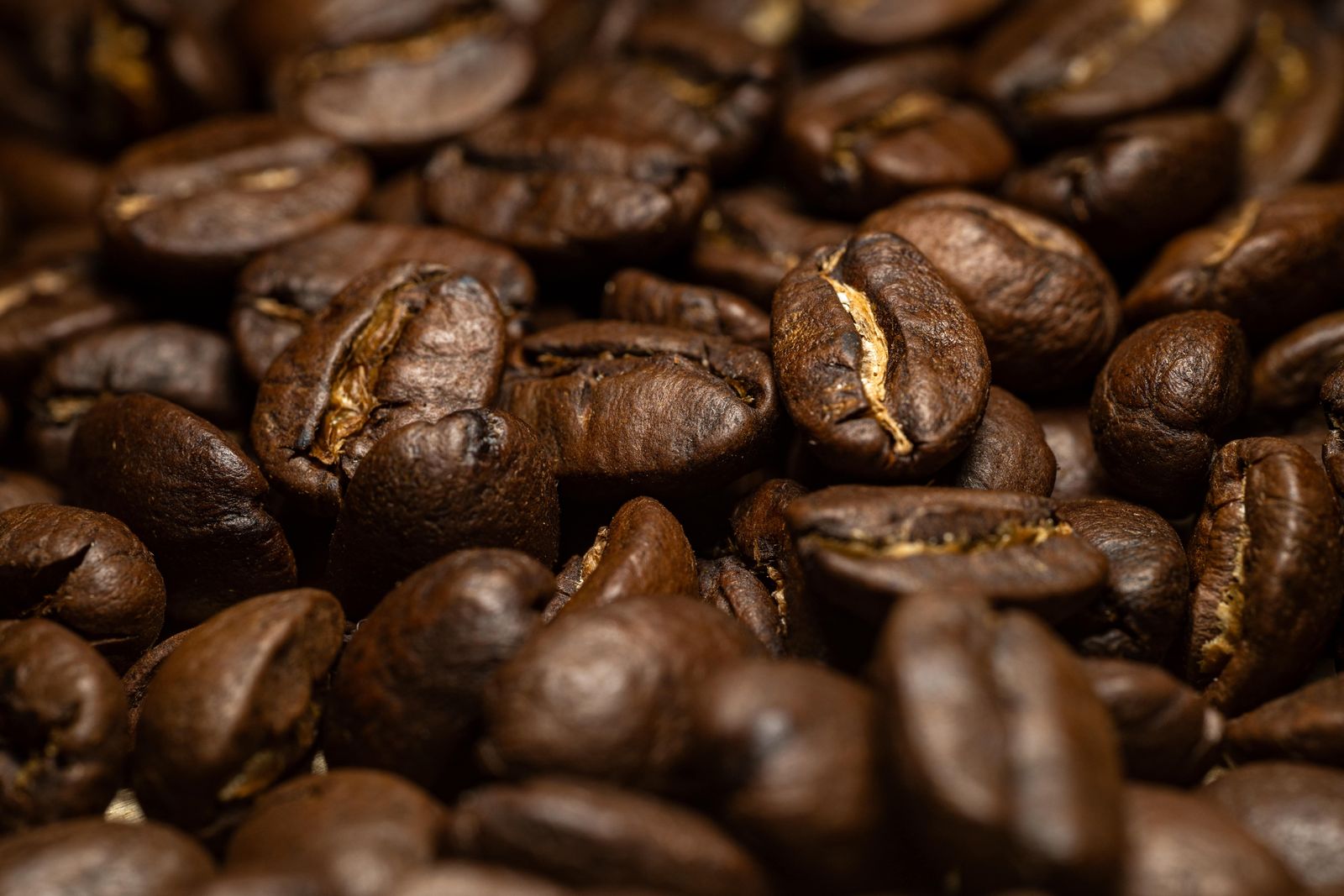 A close spread of freshly roasted, dark brown coffee beans