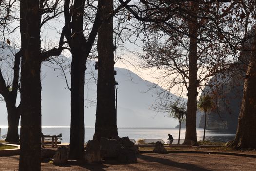 Peaceful lakeside scene with trees and mountains in Riva del Garda, Italy.