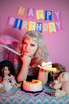 A unique birthday setup featuring cake, toys, and colorful banners.