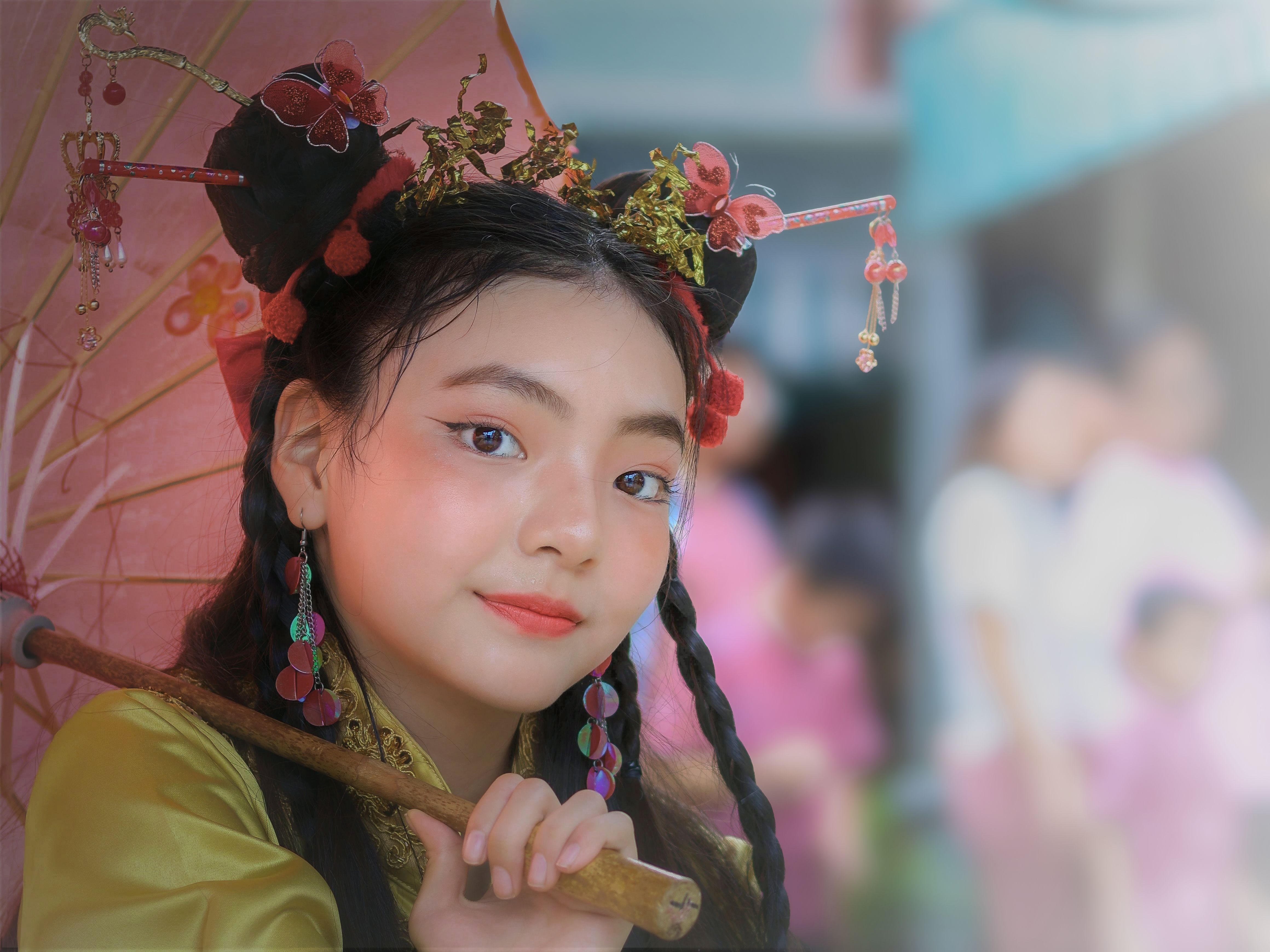 Young Girl in Traditional Asian Costume with Parasol · Free Stock Photo