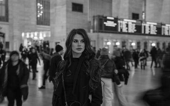 Black and white portrait of a stylish woman in Grand Central Terminal, NYC, capturing urban life.
