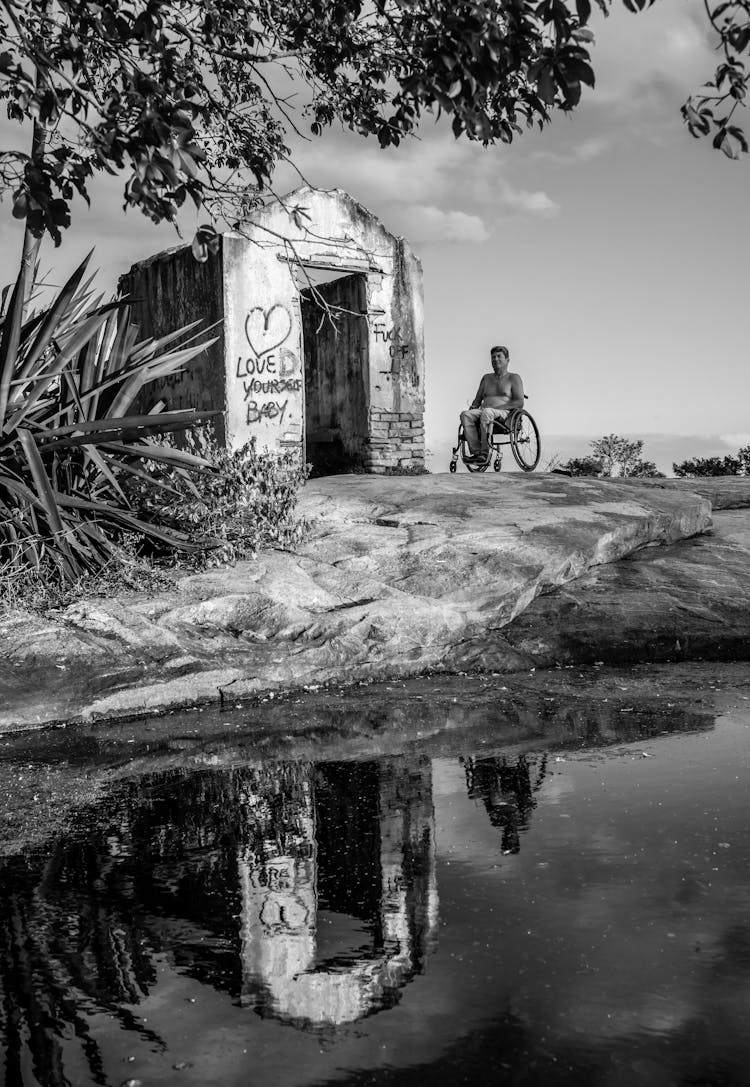 Grayscale Photography Of Person Sitting On Wheelchair Near Pond