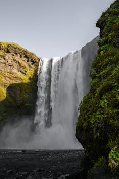 冰岛斯科加福斯瀑布的壮丽景色，是一个被郁郁葱葱的绿色植物包围的自然奇观