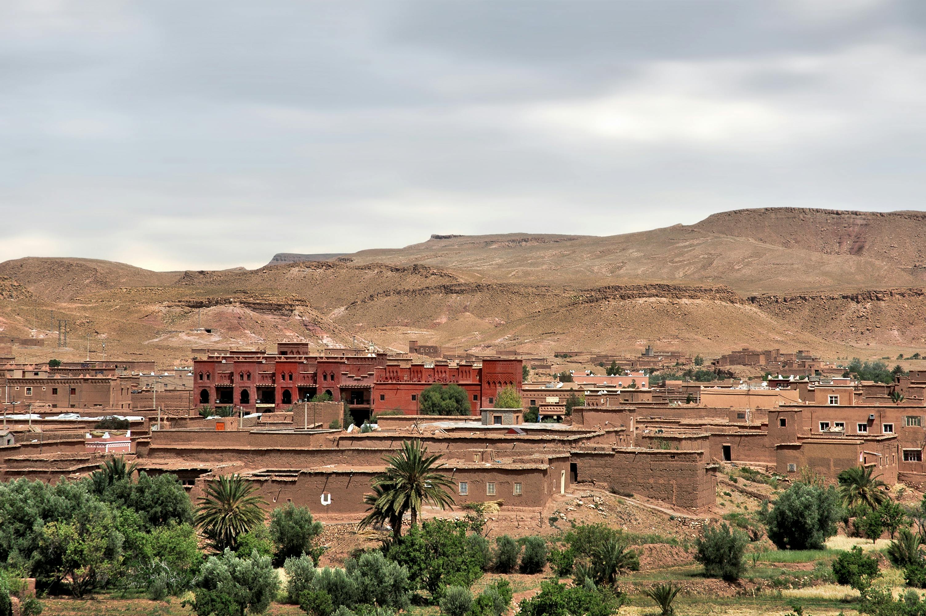 Scenic view of traditional adobe buildings in Ouarzazate, Morocco.