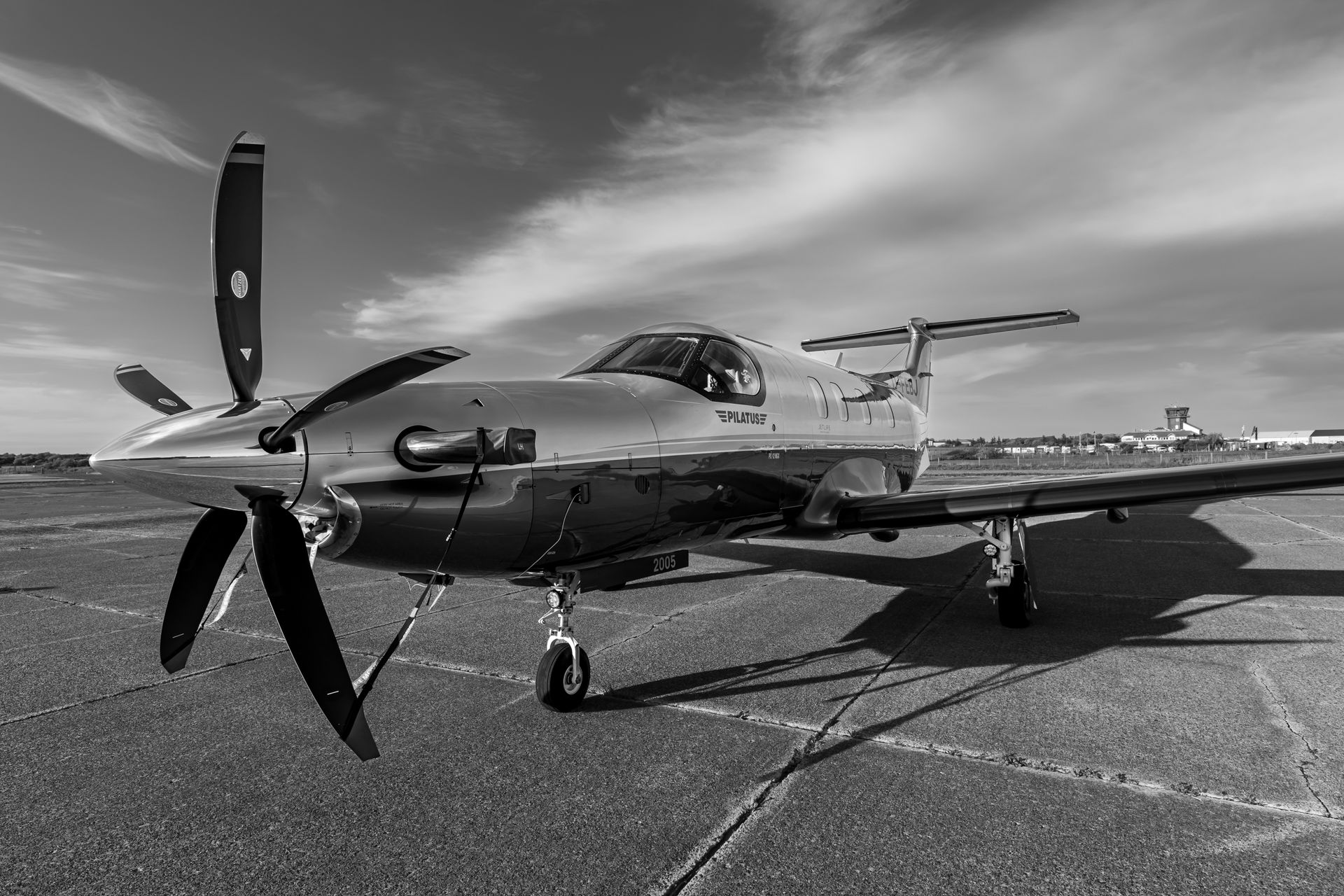 Business jet on the apron at dusk
