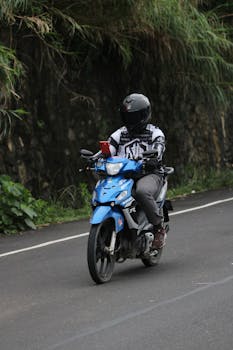 A motorcyclist drives a blue bike down a scenic road with lush greenery.
