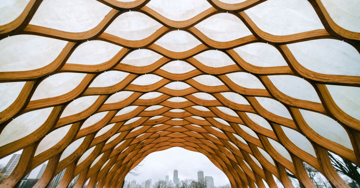 Captivating wooden architectural structure framing the Chicago skyline in a park setting.