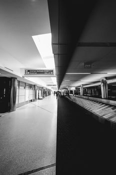 A minimalist black and white photo of a Chicago airport baggage claim area, showcasing modern architecture.