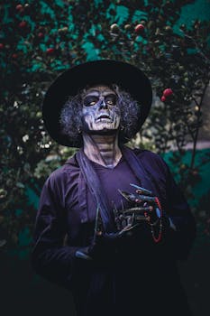 Person dressed in a skeleton costume for Dia de los Muertos celebration in a garden setting.