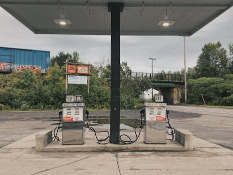 在一个废弃加油站的户外场景中，背景是双泵和茂盛的绿色植物