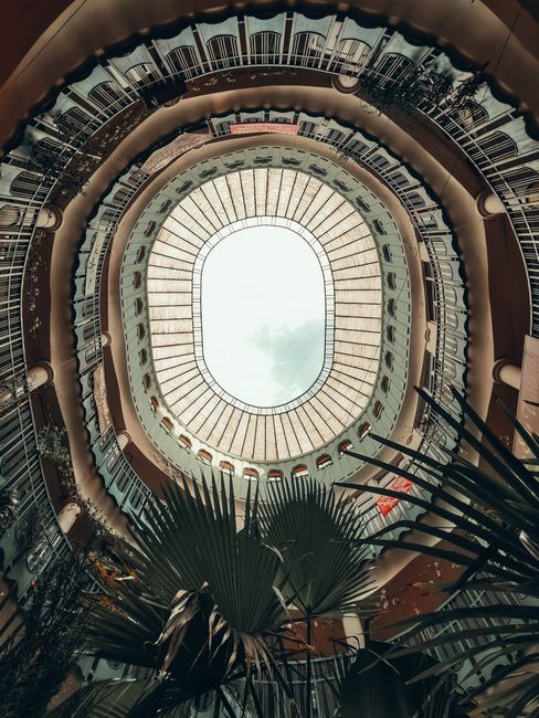 Capture of a circular atrium with a glass roof in Bursa, Turkey, highlighting architectural beauty.