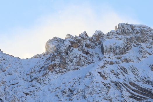 Stunning winter view of the snow-covered Dolomite mountains in Trentino-South Tyrol, Italy.