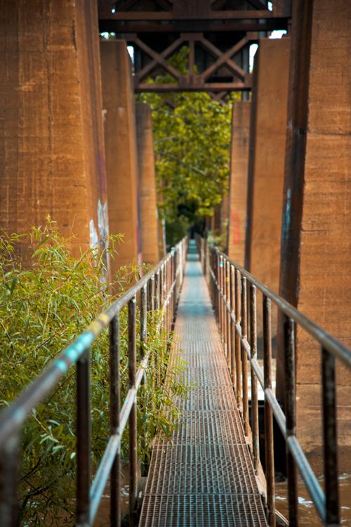 Free A narrow metal footbridge leads between large concrete structures surrounded by greenery. Stock Photo