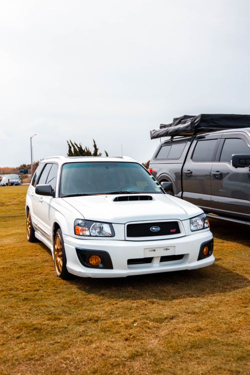 Free White Subaru Forester parked outdoors in a grassy area in North Carolina. Stock Photo