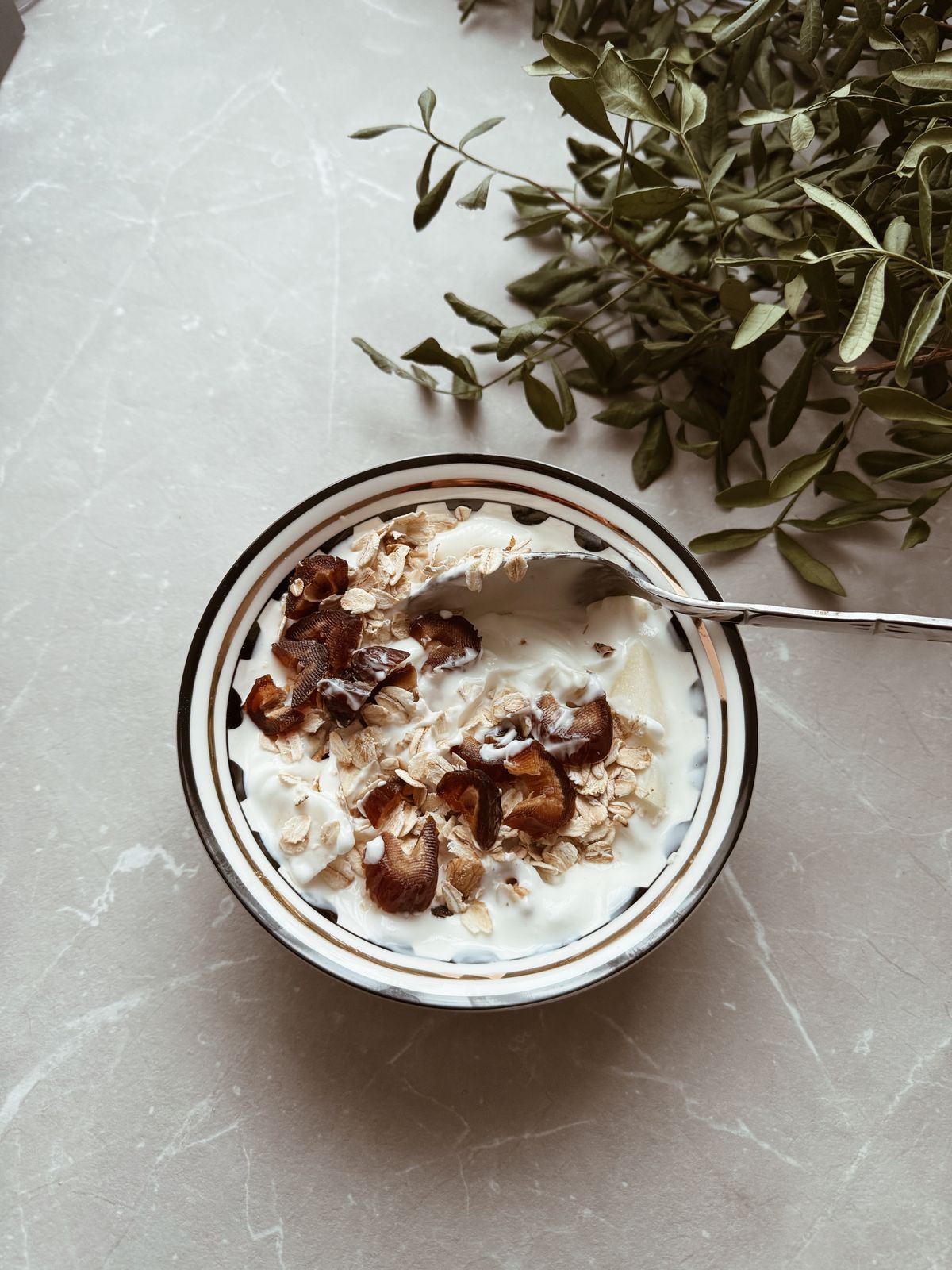 Yogur cremoso con avena en un recipiente