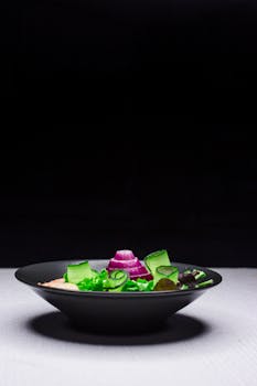 黑色盘子上的彩色蔬菜沙拉，在黑色背景衬托下，非常适合健康饮食主题