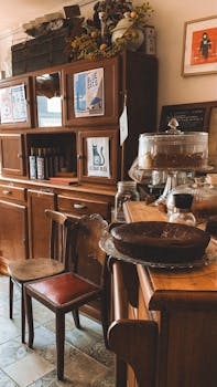 Warm vintage kitchen with wooden furniture and homey decor.