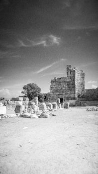 Captivating black and white photo of ancient ruins showcasing historic architecture under a dramatic sky.