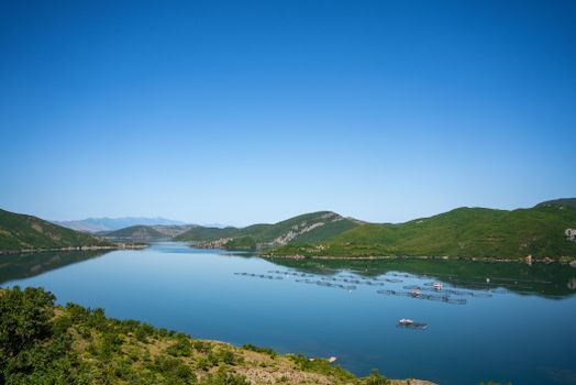 A breathtaking view of a tranquil lake surrounded by lush green mountains under a clear blue sky in Albania.