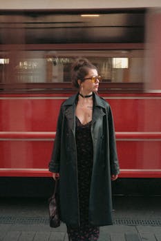 Woman in stylish outfit stands confidently as a red tram speeds by.