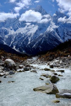 Breathtaking view of the snow-capped Himalayan mountains with a flowing river.