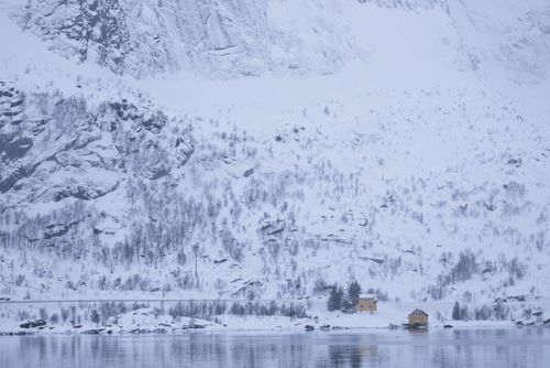 Free Peaceful snowy landscape with yellow houses in Reine, Norway, surrounded by majestic mountains. Stock Photo
