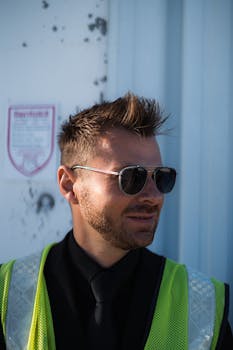 Portrait of a smiling young man in a safety vest and sunglasses, standing outdoors.