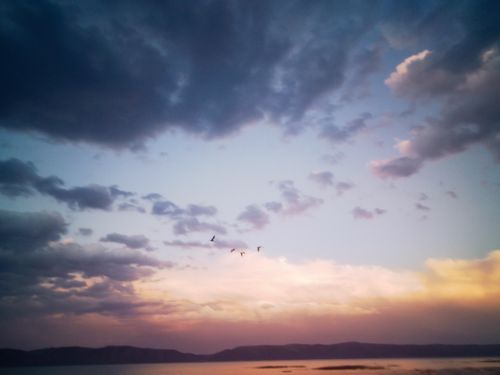 Free A peaceful sunset with colorful clouds, birds in flight over a tranquil lake. Stock Photo