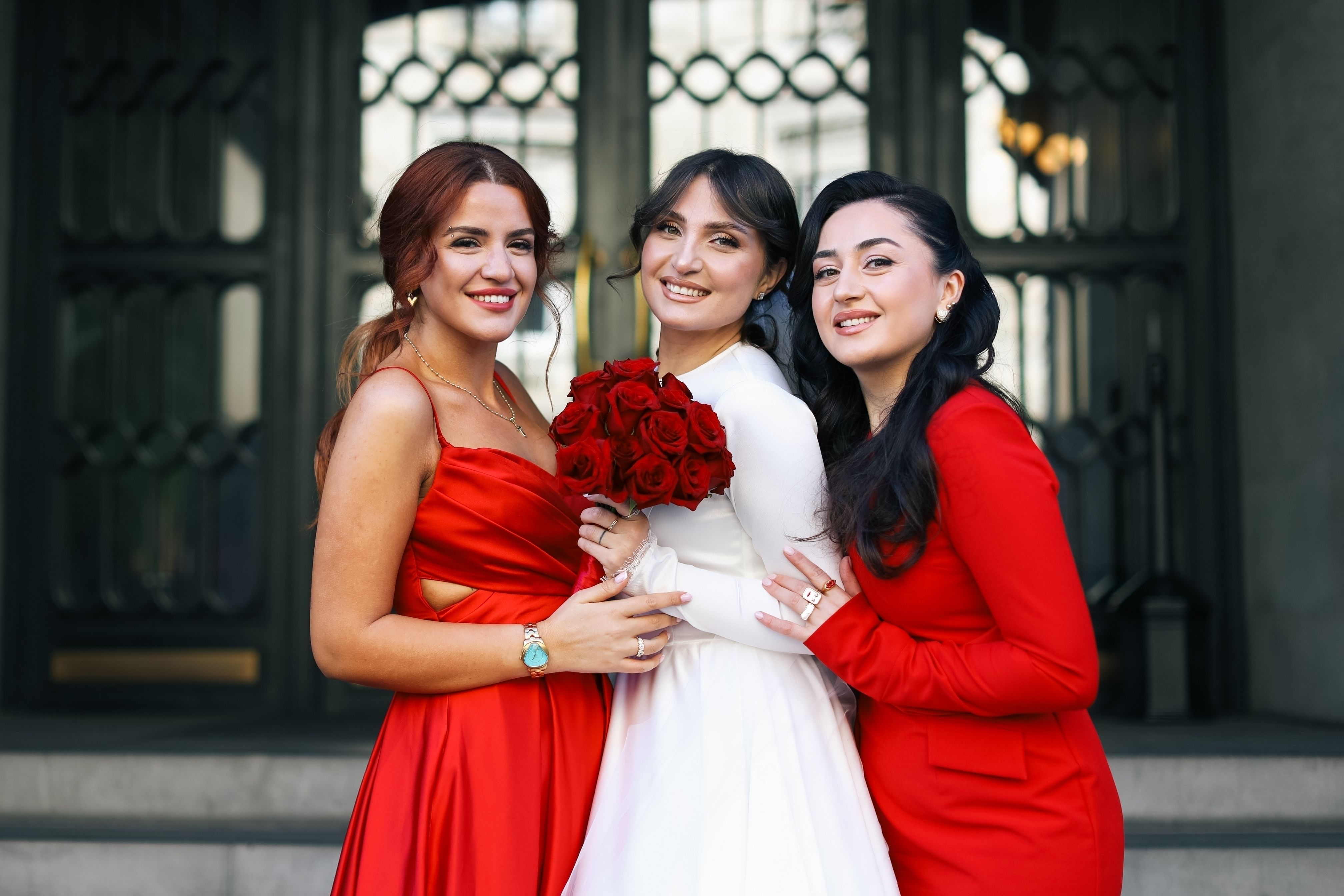 Bride with Bridesmaids in Elegant Red Dresses Free Stock Photo Bride with Bridesmaids in Elegant Red Dresses Free Stock Photo