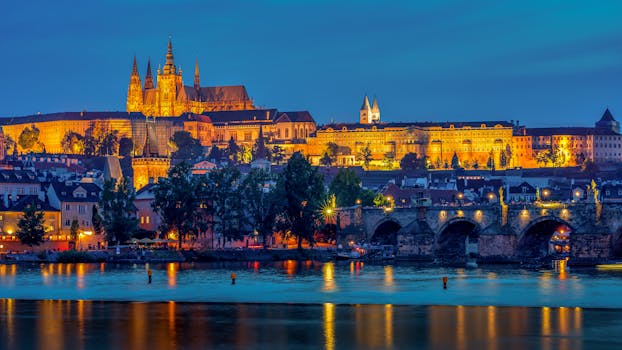 Illuminated Prague Castle and Charles Bridge reflecting in Vltava River during nightfall.