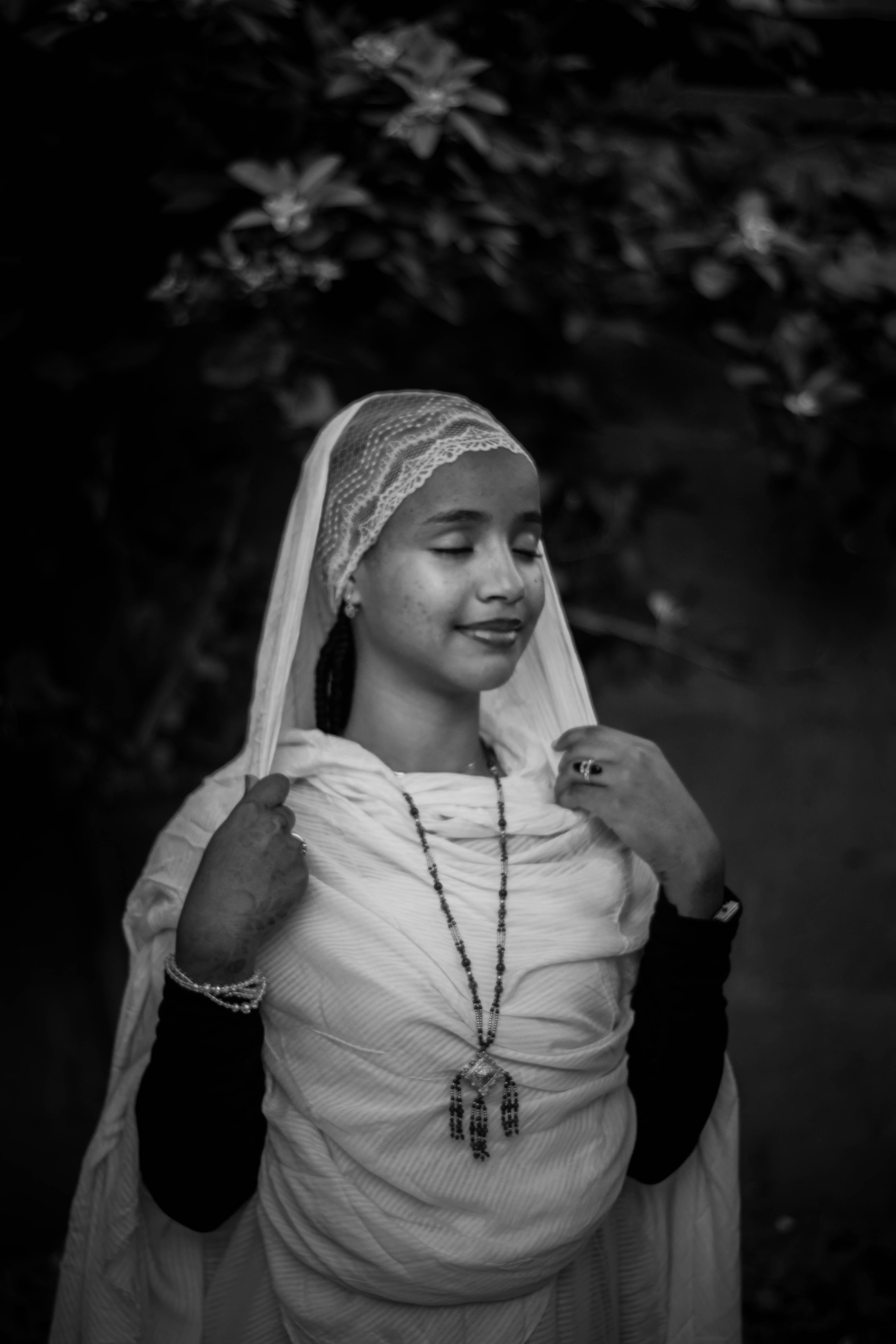 Elegant Woman in Traditional Attire, Black and White · Free Stock Photo