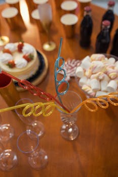 Vibrant party setup with a cake, drinks, and colorful straws, perfect for a birthday celebration in Brazil.