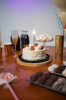 Lively birthday scene with a cake topped with a sparkler, surrounded by party decorations and treats.
