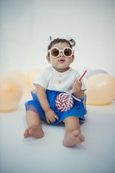 Cute baby in a blue dress with sunglasses and balloons, perfect for festive or birthday themes.