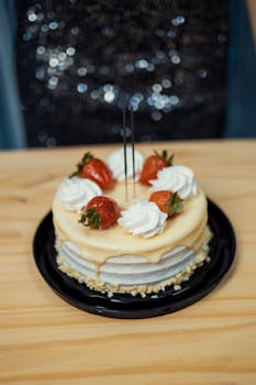 Celebrate with a strawberry-topped birthday cake featuring creamy frosting. Perfect for festive occasions.