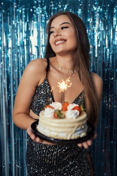 Smiling woman in sparkling dress holding cake with candles in festive setting.