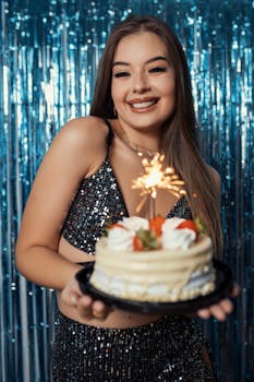 Woman with birthday cake featuring a sparkler, celebrating in Brazil.