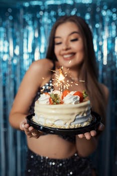 Woman holding a sparkling birthday cake with strawberries at a celebration in Brazil.