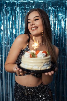 Young woman celebrates Brazilian birthday with laughter and cake.
