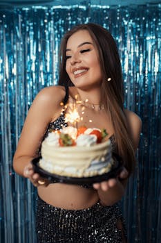 Smiling young woman holding a birthday cake with sparklers, celebrating in Brazil.