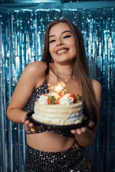 Smiling woman holding a cake with sparklers at a festive birthday celebration in Brazil.