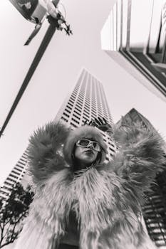 Chic Latina woman in fur coat and glasses poses against Houston skyscrapers.